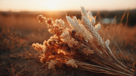 A bundle of dried flowers rests on the ground as the sun sets casting a warm glow over the field. The soft light highlights the delicate textures and colors of the flowers.の素材