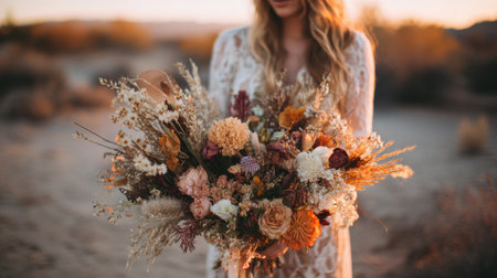 A woman stands in a desert with warm sunset hues in the background. She holds a large bouquet of dried flowers showing earthy tones and textures evoking a serene and natural feeling.の素材