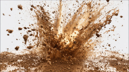 A powerful cloud of dirt and dust erupts from the ground sending particles into the air in a spectacular display. The scene captures the energy and movement in bright daylight.の素材