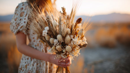 A woman stands in an open field wearing a floral dress holding a bouquet of dried flowers. The sun sets behind the mountains casting a warm glow over the landscape.の素材