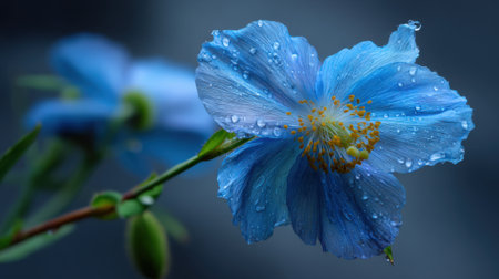A blue flower displays its beauty with droplets of dew glistening on its petals. Softly blurred background enhances the flowers vibrant colors creating a serene scene in nature.の素材