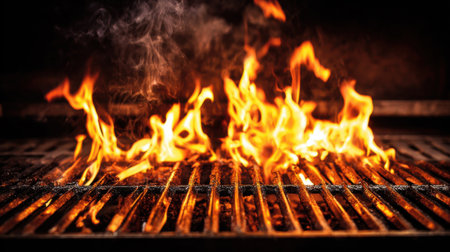 Flames soar above the metal grates of a grill creating a warm and vibrant atmosphere for an evening barbecue. Smoke swirls hinting at delicious flavors.の素材