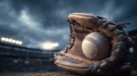 A worn baseball glove holds a baseball resting in its pocket set against a blurred stadium background. Dark clouds loom overhead indicating impending rain as players prepare.の素材