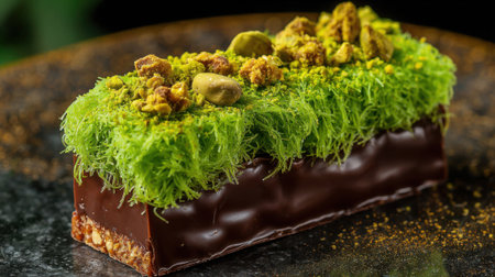 A tempting dessert displays a rich chocolate base topped with a bright green layer of nuts and finely shredded pastry. The presentation is appealing and vibrant showcasing delicious ingredients.の素材