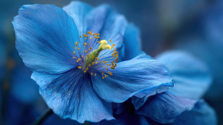 A vibrant blue flower displays its large petals and intricate details. Its golden stamens stand out against a softly blurred blue background embodying the beauty of spring.の素材