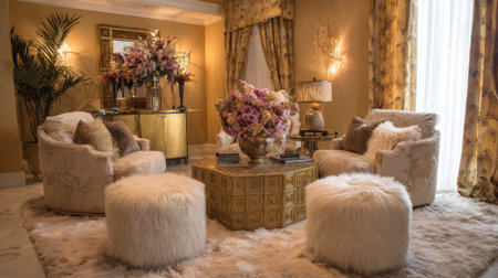 This sophisticated living room showcases plush chairs soft ottomans and a beautiful floral centerpiece. Rich textures and warm colors create a cozy and inviting atmosphere.の素材