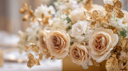 Luxurious arrangement features soft pink roses and delicate white flowers enhanced with golden leaves. This stunning decoration suits weddings or elegant gatherings.の素材