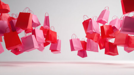 Bright red and pink shopping bags hang in mid-air creating a lively atmosphere for a retail event. The display captures the excitement of shopping and attracts attention.の素材