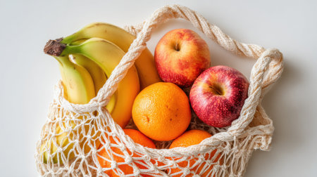 A cloth bag holds an assortment of fresh fruits including bananas apples and oranges arranged neatly against a light background. This scene promotes healthy eating and sustainability.の素材