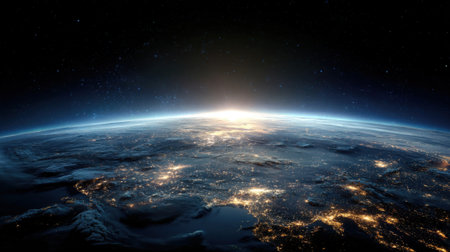 A stunning view of Earth at sunrise from space shows the planets surface illuminated by city lights. The horizon glows softly highlighting the beauty of our world from above.の素材