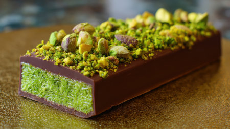 A chocolate bar features a vibrant green filling made from coconut topped with chopped pistachios. The treat is placed on a shiny gold surface highlighting its textures.の素材
