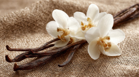 Delicate white orchids and dark vanilla beans are artistically displayed on a textured burlap backdrop creating a warm and natural atmosphere perfect for decoration.の素材