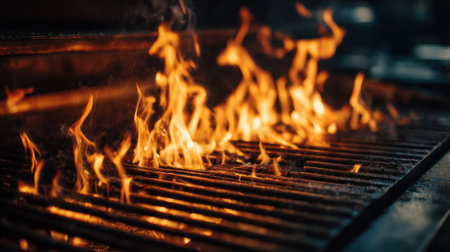 Bright flames leap up from the grill signifying a lively outdoor cooking session. The grill is heated up ready for delicious food to be prepared under the warm sun.の素材