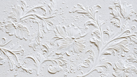 This artwork features an elaborate white floral relief design on a textured background highlighting intricate details and craftsmanship. The elegant patterns create a serene atmosphere.の素材