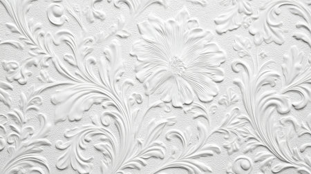 The wall features an ornate white design with detailed floral patterns and swirling vines. This elegant decor adds texture and sophistication to the rooms atmosphere.の素材