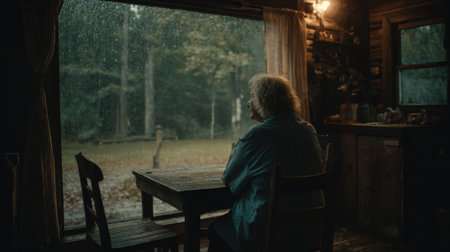 A woman sits alone at a wooden table inside a cozy cabin gazing out at the heavy rain falling in the forest. The atmosphere is calm and peaceful creating a moment of solitude.の素材