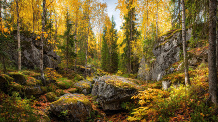 A peaceful forest displays rich autumn colors with orange and yellow leaves. Large rocks scatter across the ground surrounded by tall trees under a bright sky.の素材