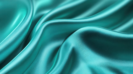 Soft and smooth turquoise fabric flows elegantly with gentle drapes and textures. The lighting highlights the shine and depth of the textile creating a calming visual effect.の素材