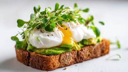 A beautifully presented slice of whole grain bread topped with creamy avocado perfectly poached eggs and vibrant green sprouts showing a healthy breakfast option.の素材