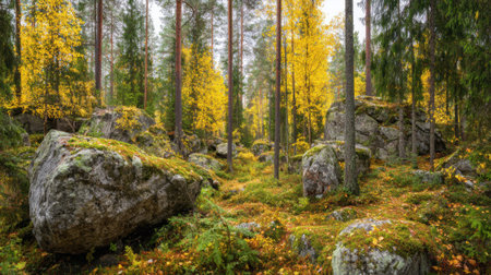 A serene forest showcases bright yellow leaves amidst tall trees and large rocks with a soft glow of early morning light creating a peaceful atmosphere for exploration.の素材
