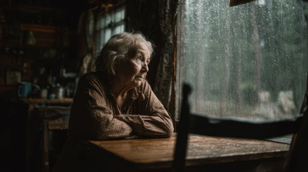 An elderly woman sits calmly at a wooden table staring thoughtfully out the window as rain falls steadily outside. The warm interior contrasts with the gloomy weather.の素材