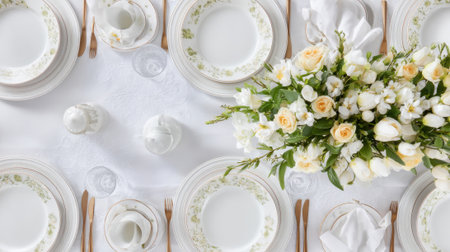 A beautifully arranged dining table features fine china plates crystal glasses and a centerpiece of fresh white and yellow flowers creating an inviting atmosphere for guests.の素材