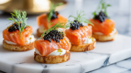 Five elegant smoked salmon bites sit on a marble platter. Each bite features cream cheese caviar and fresh dill creating a refined appetizer perfect for parties or gatherings.の素材