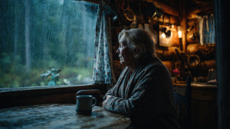 A woman sits at a wooden table in a rustic cabin staring out of the window at the heavy rain. The serene scene captures the beauty of nature and the warmth of the indoors on a rainy day.の素材
