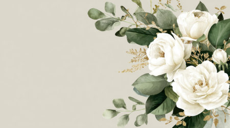 A stunning arrangement of white roses mixed with soft green leaves and delicate golden accents is placed against a light beige background creating a serene and elegant atmosphere.の素材