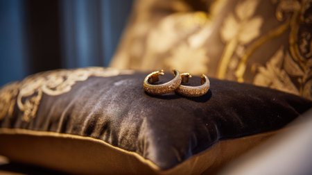 Two beautiful gold earrings rest on a plush velvet pillow adorned with intricate designs in an elegant interior. The setting is refined and inviting showcasing luxury.の素材