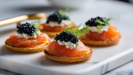 Assorted small bites feature smoked salmon creamy cheese and black caviar atop crispy bases. These elegant appetizers are perfect for a formal gathering or celebration.の素材
