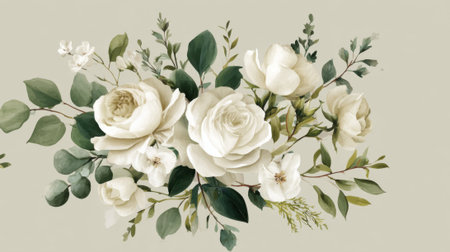 Delicate white roses and soft greenery create a beautiful floral arrangement. This design brings a touch of elegance perfect for spring events or home decor.の素材