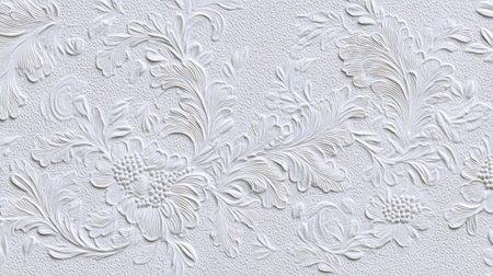 Intricate white floral patterns are designed in relief on a light surface showing a delicate and elegant look. This texture adds a classy touch to any interior space perfect for stylish decor.の素材
