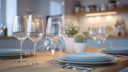 A beautifully arranged dining table features four wine glasses and several blue plates. A small plant adds a touch of nature to the modern kitchen scene during daylight.の素材