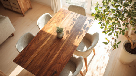 Natural light fills a welcoming space featuring a polished wooden dining table at the center. Surrounding it are comfortable chairs with greenery adding life and warmth to the setting.の素材