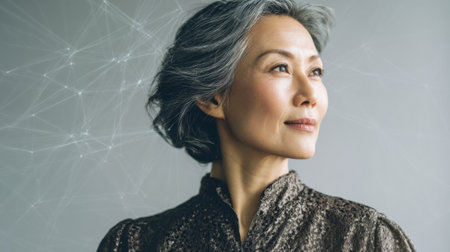 A senior woman with gray hair showcases confidence and wisdom while gazing into the distance. She wears a textured blouse and has a calm expression symbolizing strength and resilience.の素材
