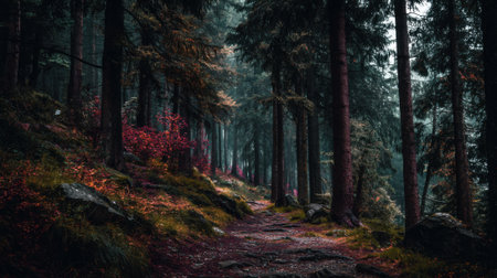 A peaceful forest path winds through tall trees with vibrant autumn leaves. Soft light filters through the branches creating a calm and tranquil atmosphere.の素材
