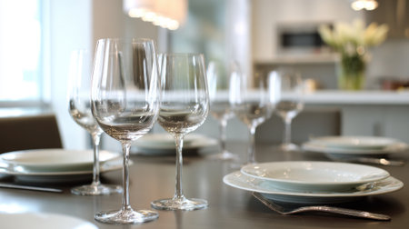 The dining table is stylishly arranged with clear wine glasses and white plates set in a modern kitchen. The space is bright and inviting for an evening meal.の素材