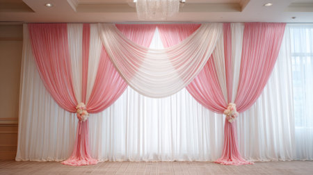 Soft pink and white drapes create an elegant backdrop in a bright event space. The flowing fabric adds charm making it perfect for celebrations or gatherings.の素材