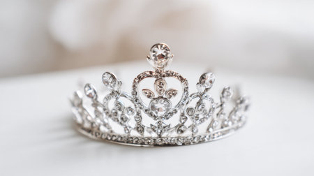 A silver crown featuring intricate designs and gemstones shines brightly on a soft white surface. The crowns delicate details are highlighted by the natural light surrounding it.の素材