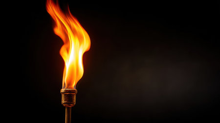 A bright flame flickers on top of a torch illuminating the darkness nearby. The vibrant orange and yellow colors contrast sharply with the black background capturing attention.の素材