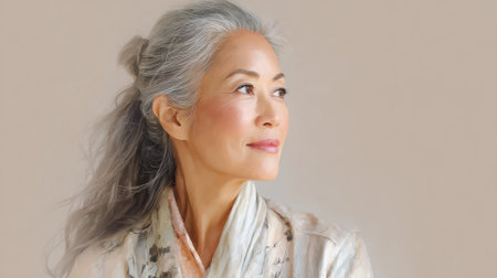 An older woman with silver hair is gracefully posed wearing a delicate kimono. Her serene expression reflects wisdom and tranquility set against a soft neutral background.の素材