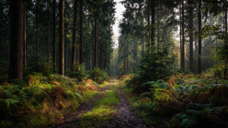 A peaceful forest path winds through tall trees and lush ferns illuminated by soft morning light. The scene captures natures beauty in a tranquil setting.の素材