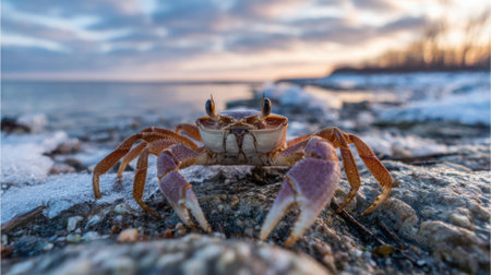 A crab walks across rocky terrain near water during sunset. The sky blends warm colors as the day ends highlighting the peaceful scene of nature.の素材
