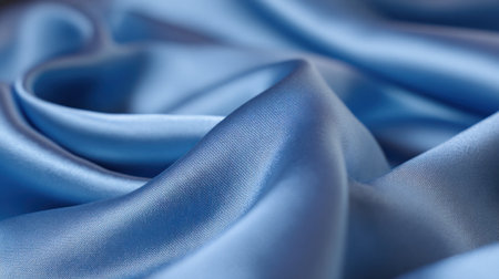 A smooth blue silk fabric flows gently revealing its rich texture and shine. The light catches the folds creating a captivating effect and inviting touch.の素材