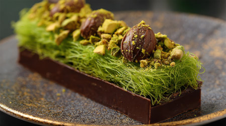 A rich chocolate dessert rests on a dark plate topped with bright green pistachio strands and whole pistachios. The dish is an elegant presentation of flavors and textures.の素材