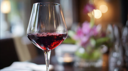 A glass of red wine sits elegantly on a table illuminated by soft restaurant lighting. Colorful flowers blur in the background creating a warm inviting atmosphere for evening dining.の素材