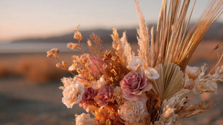 A stunning display of dried flowers captures the warm sunset light on a sandy beach. The soft colors blend beautifully against a backdrop of mountains and serene water.の素材