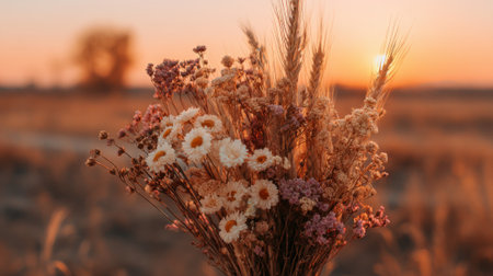A vibrant bouquet of wildflowers and wheat stands tall in a golden field during sunset. The warm colors of the sky create a peaceful backdrop emphasizing natures beauty in evening light.の素材