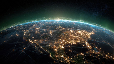 Earth is seen from space with glowing cities and bright connections forming a network across continents. This stunning view captures the buzz of human activity at night.の素材